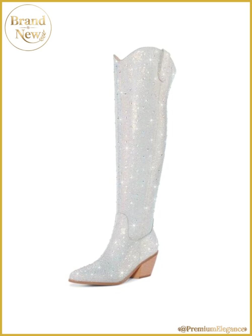Rhinestone Over the Knee Cowboy Boots Chunky Heel Western Pull-On